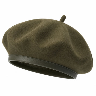 Béret taille unique en feutre vert kaki avec bordure effet cuir style classique