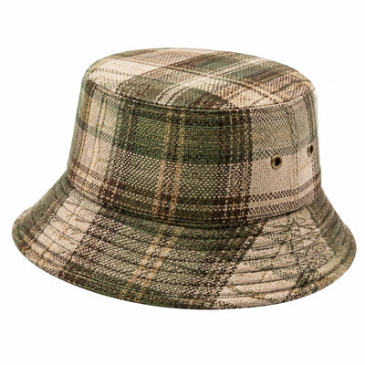 Chapeau bob taille unique en tissu tissé vert beige à carreaux avec œillets