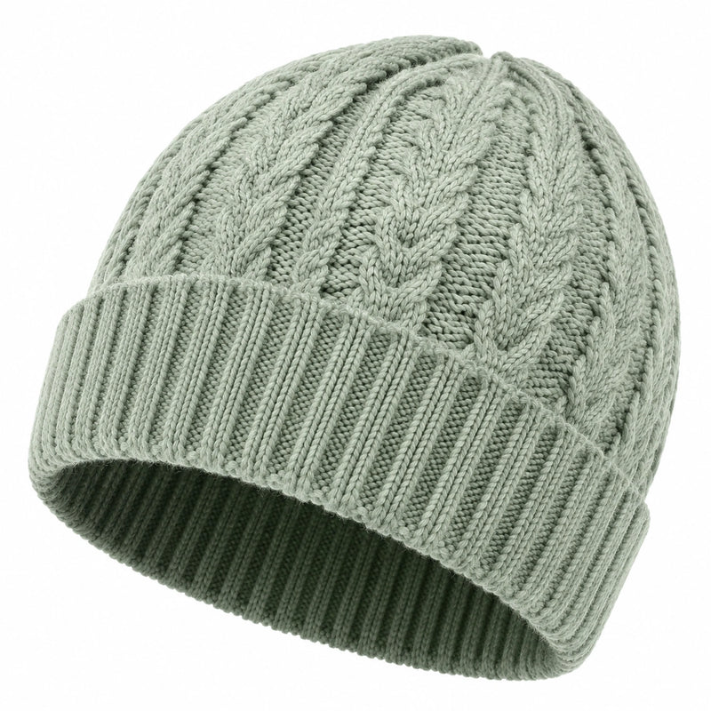 Bonnet taille unique en maille vert sauge à revers côtelé style torsadé