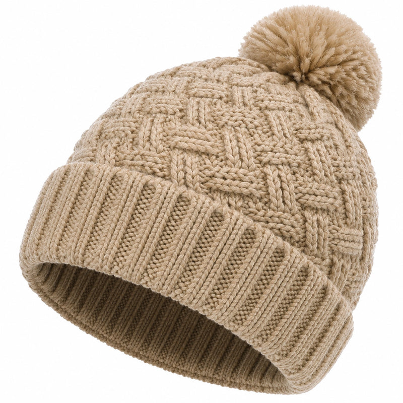 Bonnet taille unique beige en maille torsadée avec pompon