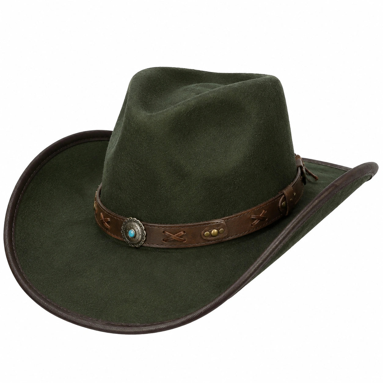 Chapeau cowboy taille unique aspect feutré vert avec bandeau marron style western